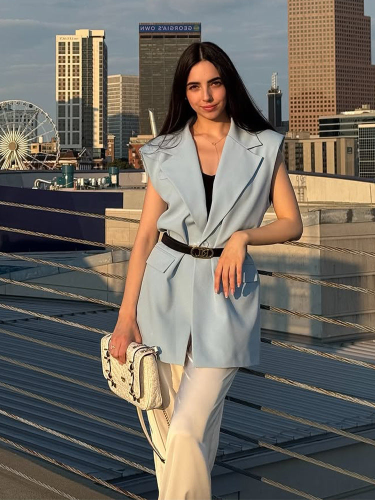 Women Sleeveless Long Blazer Vest with Emphasized Shoulder and Waist Shape EVA-US