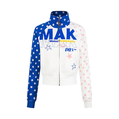 Women's cropped zip-up sweatshirt with stand-up collar, star print, and raglan sleeves EVA-US