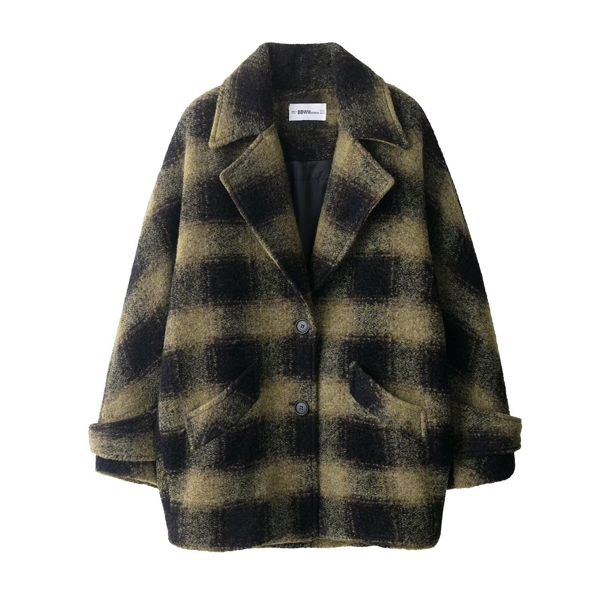 Women's Oversized Wool Blend Coat with Check Pattern, Notched Collar and Patch Pockets EVA-US