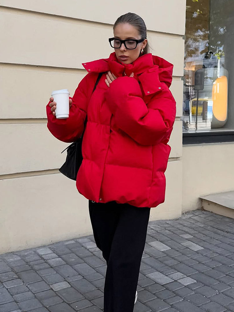 Women Short Cut Quilted Winter Jacket with High Collar Hood and Padded Thermal Lining EVA-US