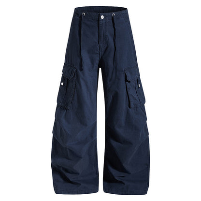 Women's wide high-waist cargo pants with drawstring waistband and large flap pockets EVA-US