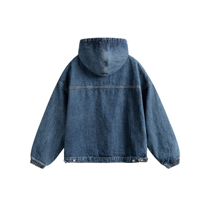 Unisex Oversize Denim Hoodie with Half Zip, Kangaroo Pocket and Drawstring EVA-US