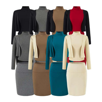 Ladies two-piece business knit set with turtleneck top, bolero, and pencil skirt EVA-US