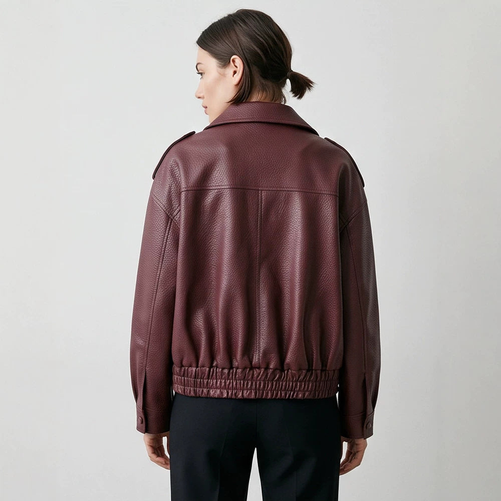 Women's Boxy Faux Leather Blouson with textured grain, double-breasted button placket & elastic hem EVA-US