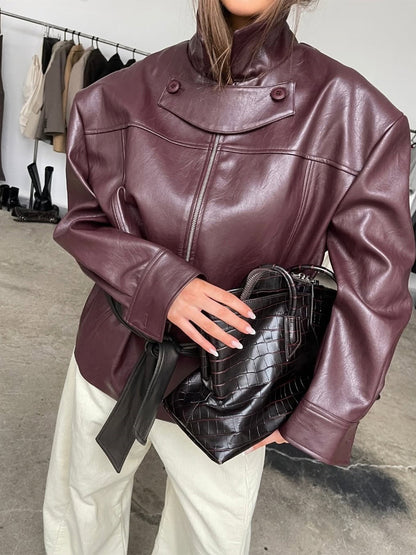 Women's Boxy Faux Leather Jacket with High Stand Collar, Front Zip and Waist Belt EVA-US
