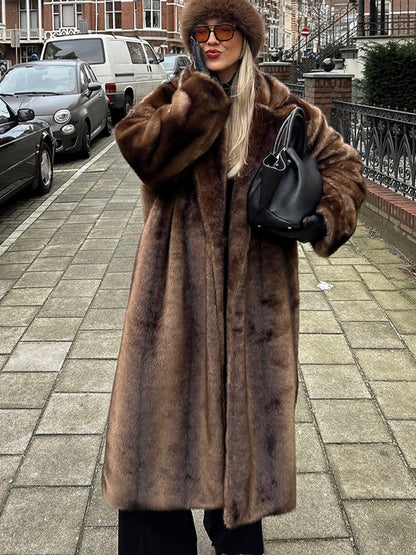 Women Luxurious Long Faux Fur Coat with Oversized Cut and Warming Lining EVA-US