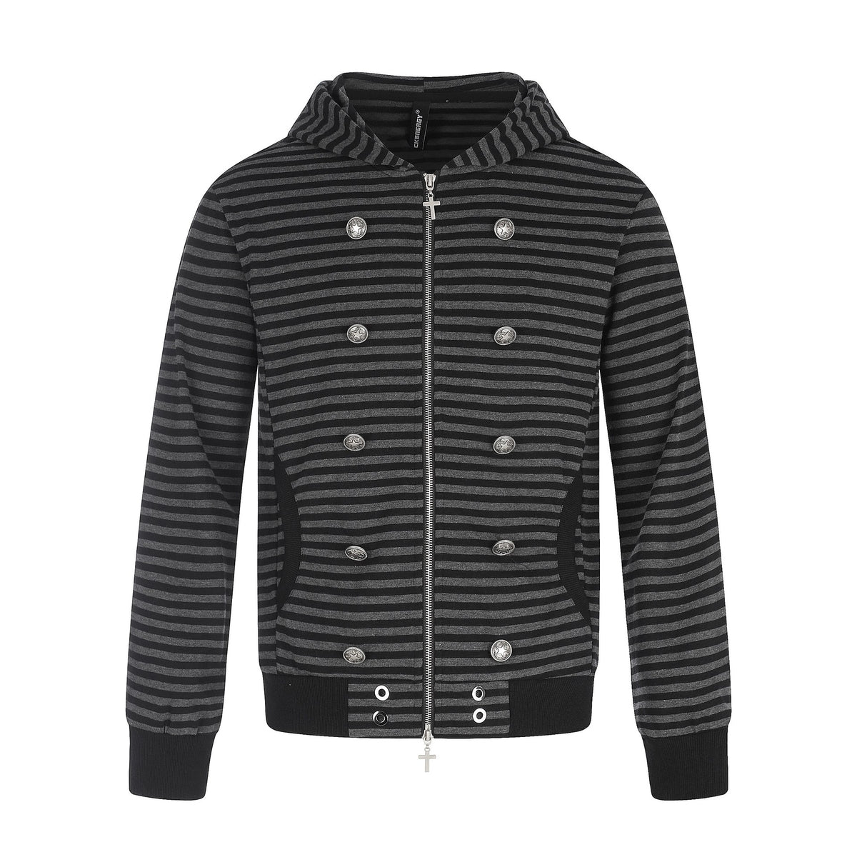 Men Striped Hooded Jacket with Double Button Look, Ribbed Cuffs and Cross Zipper EVA-US