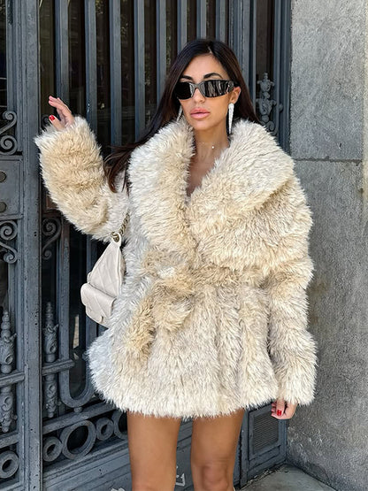 Women Short Cozy Faux Fur Coat with Waist Belt and Voluminous Shawl Collar EVA-US