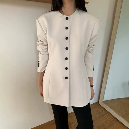 Women Tailored Blazer with Sculptural Shoulder, Round Neckline and Contrast Button Placket EVA-US