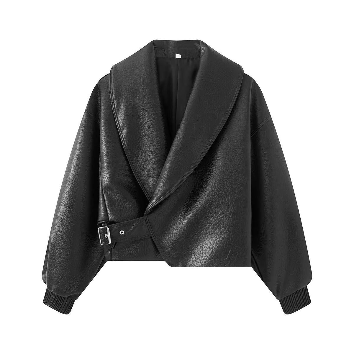 Women's Short Cut Wrap Jacket made of Leather Look with Large Shawl Collar and Waist Belt EVA-US