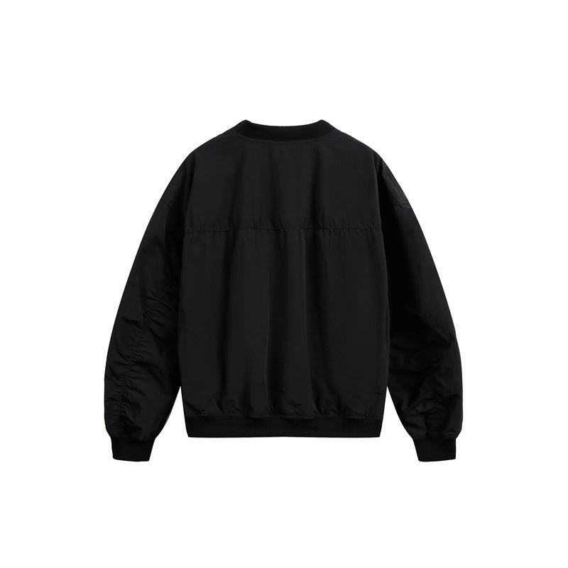 Unisex short cut lightweight nylon bomber jacket with utility pockets and ribbed hem EVA-US