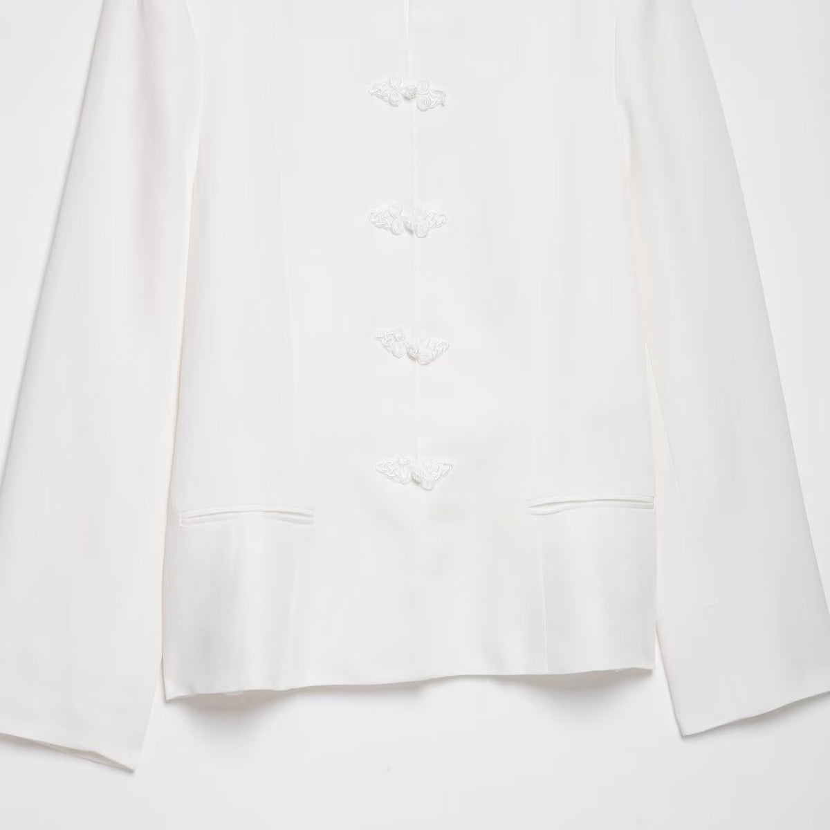 Women's Boxy Short Jacket with Stand-up Collar, Decorative Knot Closures and Welt Pockets EVA-US