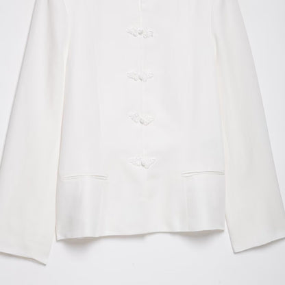 Women's Boxy Short Jacket with Stand-up Collar, Decorative Knot Closures and Welt Pockets EVA-US