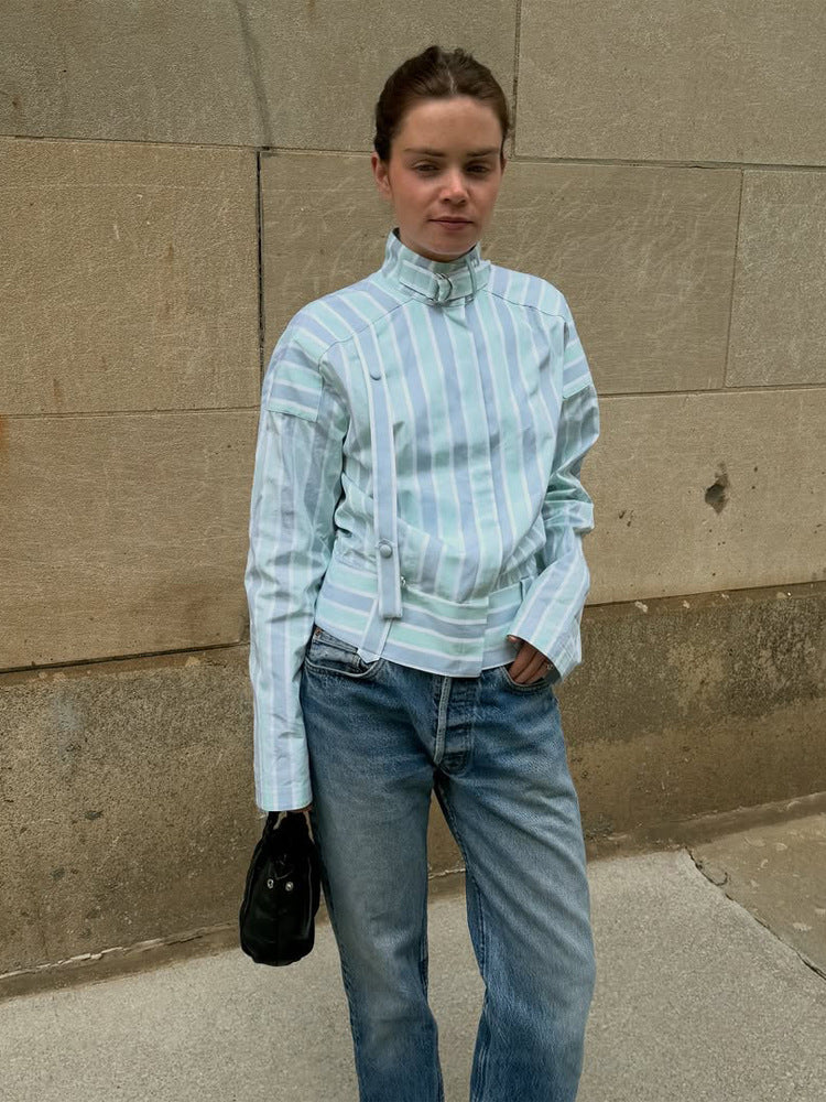 Women's Structured Blouse with Stand Collar, Waist Belt and Vertical Stripe Design EVA-US