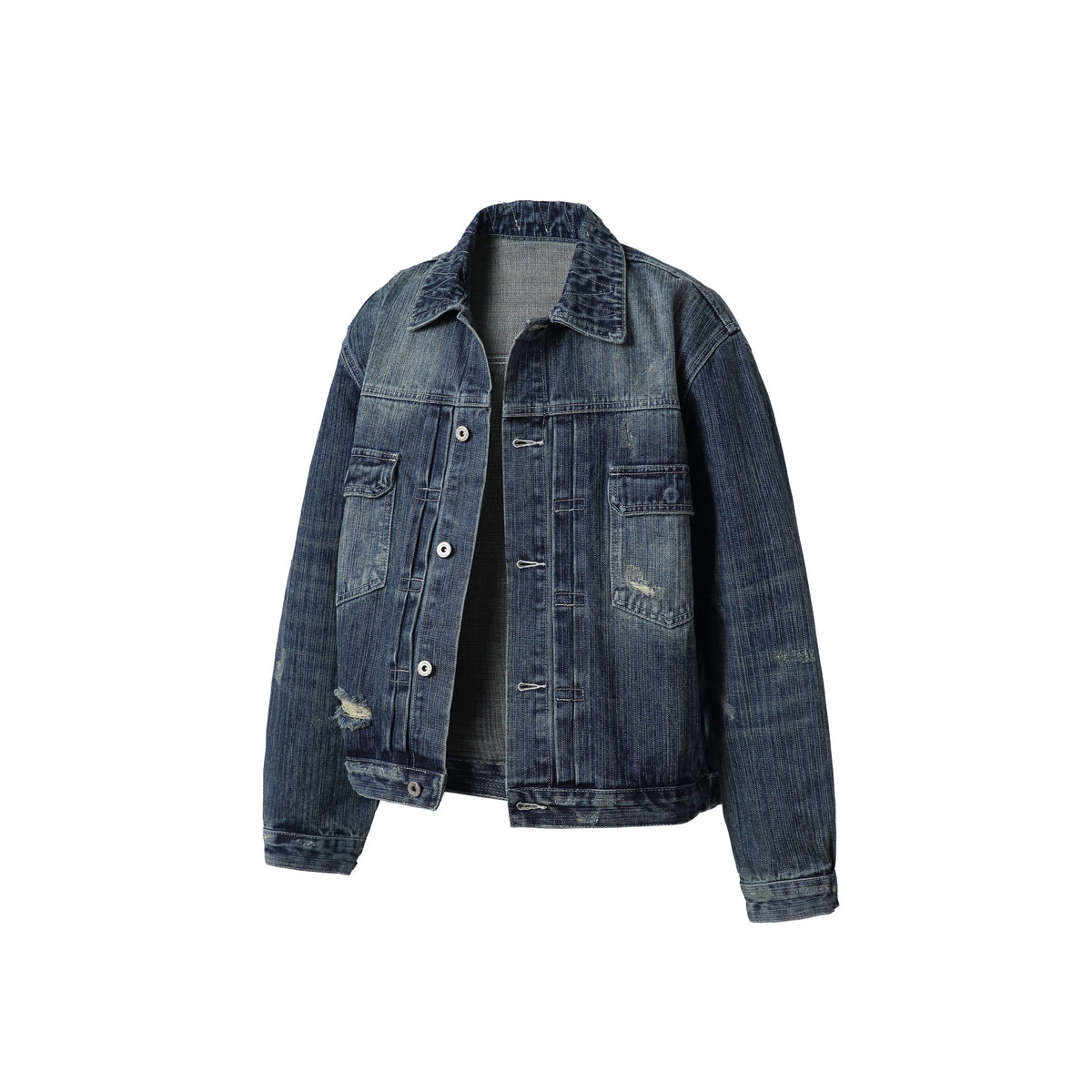Unisex Oversized Denim Jacket in Vintage Look with Artificial Worn Areas and Chest Pockets EVA-US