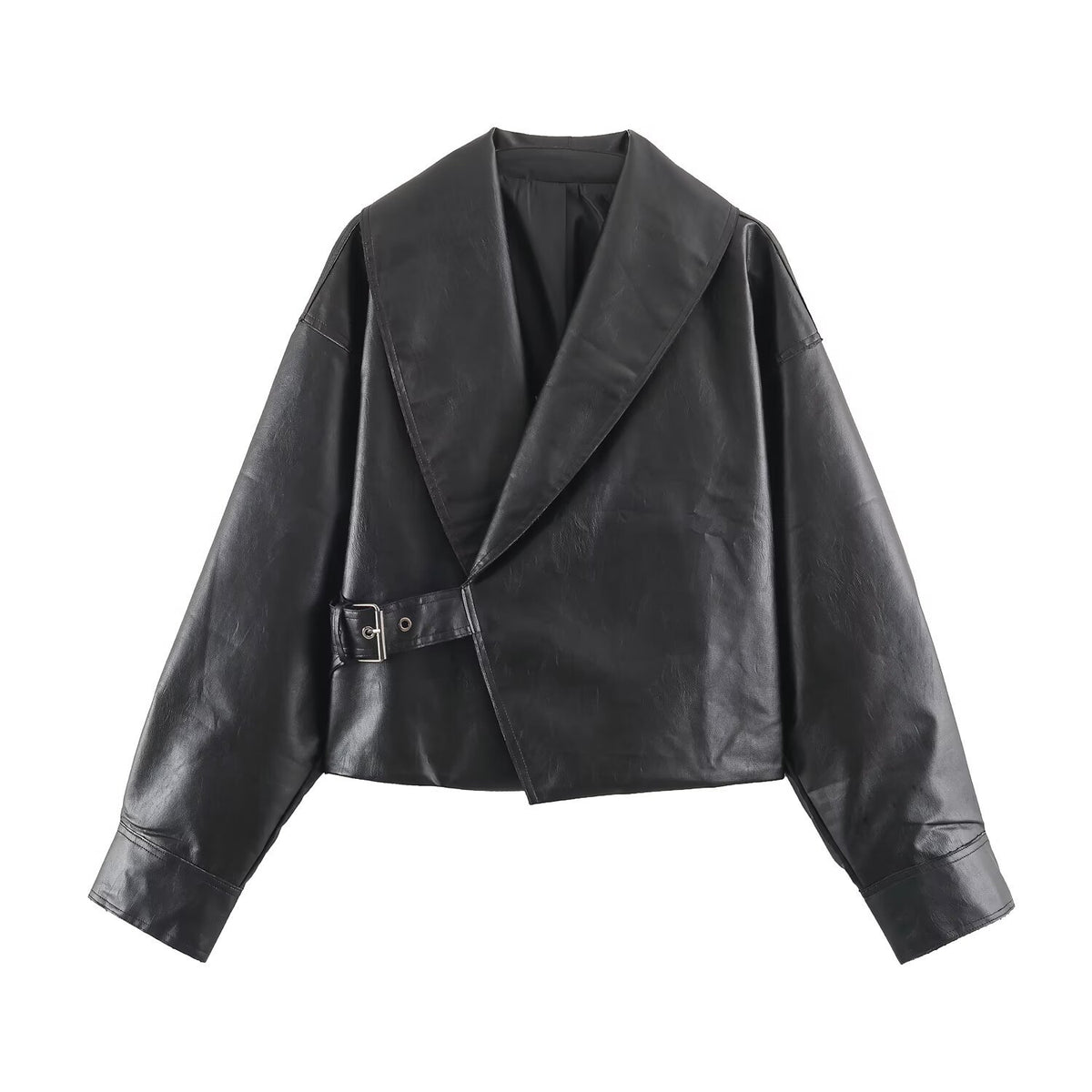 Women's Cropped Leather-Look Jacket with Oversized Shawl Collar and Tailoring Buckle Belt EVA-US