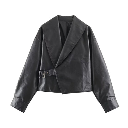 Women's Cropped Leather-Look Jacket with Oversized Shawl Collar and Tailoring Buckle Belt EVA-US