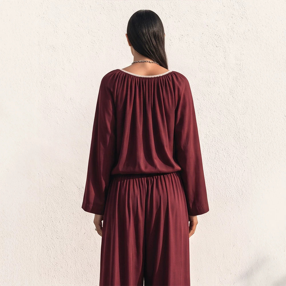 Ladies Flowing Two-Piece Loungewear Set in Silk Look with Wide Palazzo Pants and Gathered Tunic EVA-US