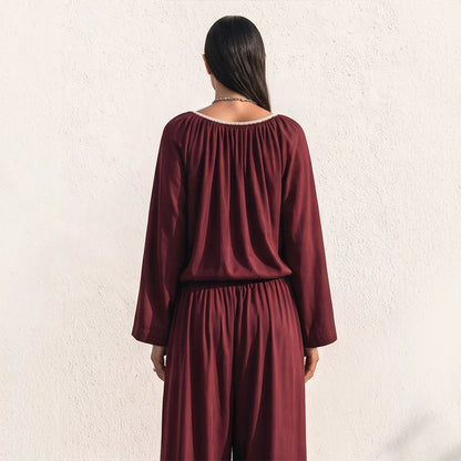 Ladies Flowing Two-Piece Loungewear Set in Silk Look with Wide Palazzo Pants and Gathered Tunic EVA-US