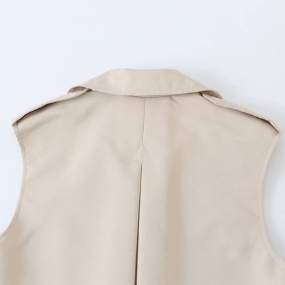 Women's Sleeveless Double-Breasted Trench Vest with Notched Lapel and Waist Belt EVA-US