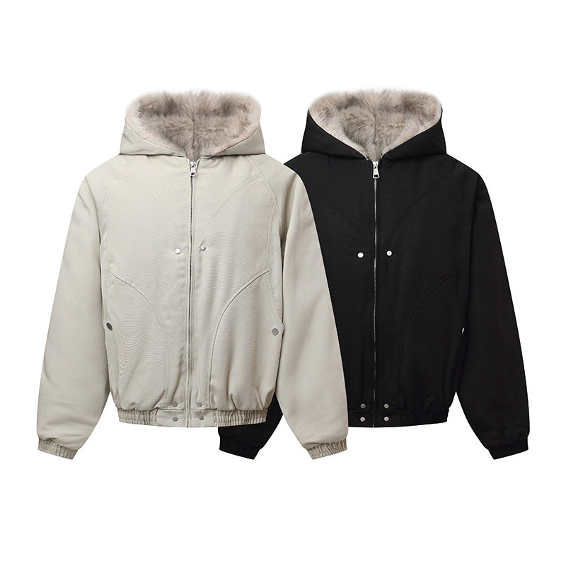 Unisex hooded jacket with warming teddy lining, elastic hem and concealed button placket EVA-US