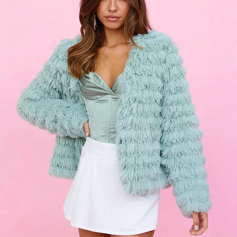 Women Midi-length Plush Coat with Fringe Structure and Open Silhouette EVA-US