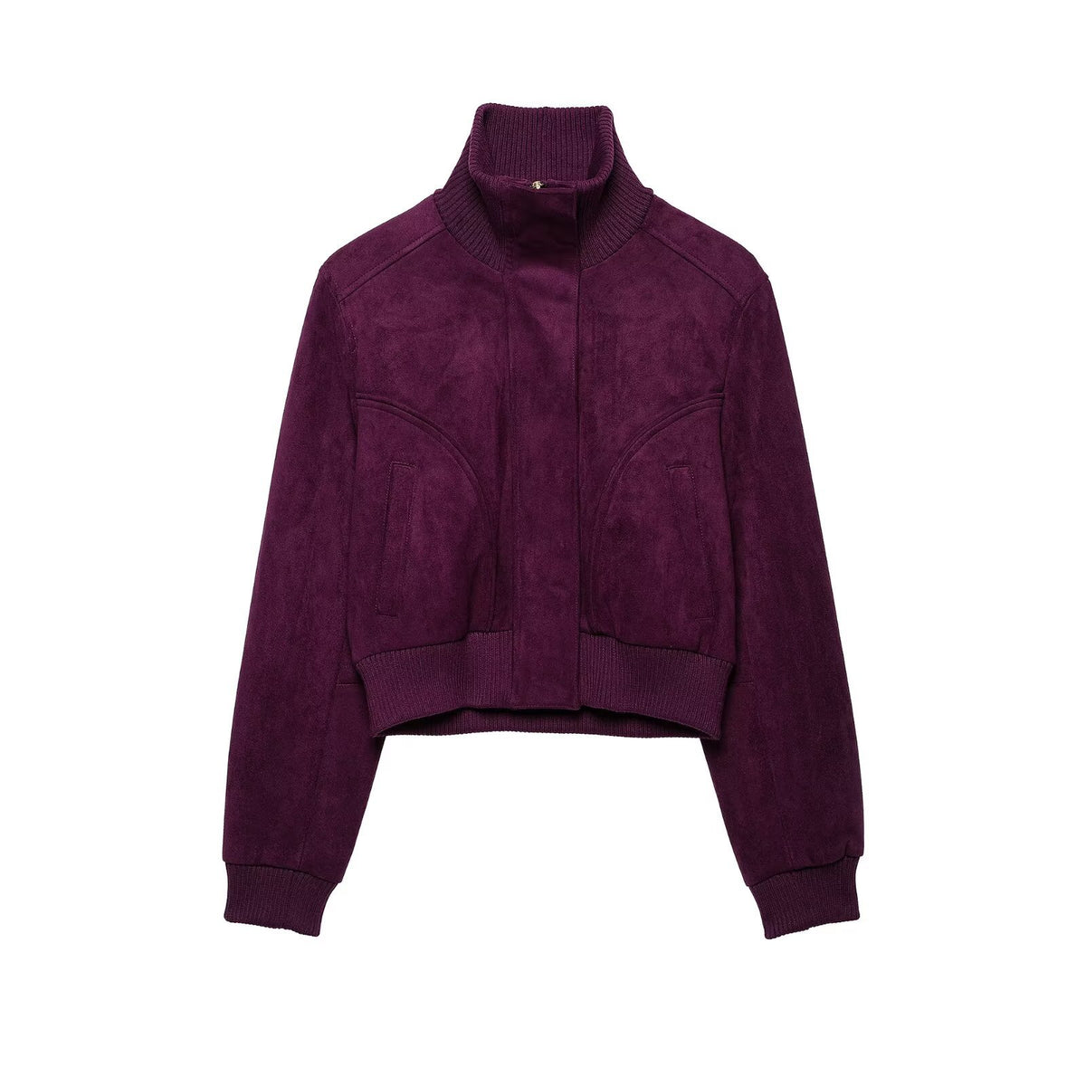 Women Cropped Velvet Jacket in Bomber Style with High Ribbed Collar and Waistband EVA-US