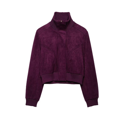 Women Cropped Velvet Jacket in Bomber Style with High Ribbed Collar and Waistband EVA-US