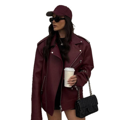 Women's Oversize Biker Jacket made of textured faux leather with asymmetrical zipper EVA-US