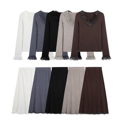 Women Two-Piece Ribbed Knit Set with Lace Trim EVA-US