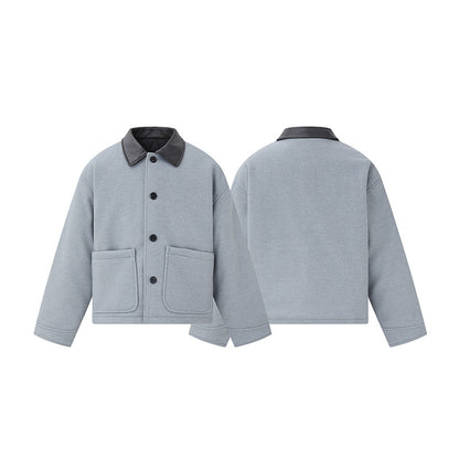 Unisex Short Blouson in minimalist Workwear look made of wool blend with leather look collar EVA-US
