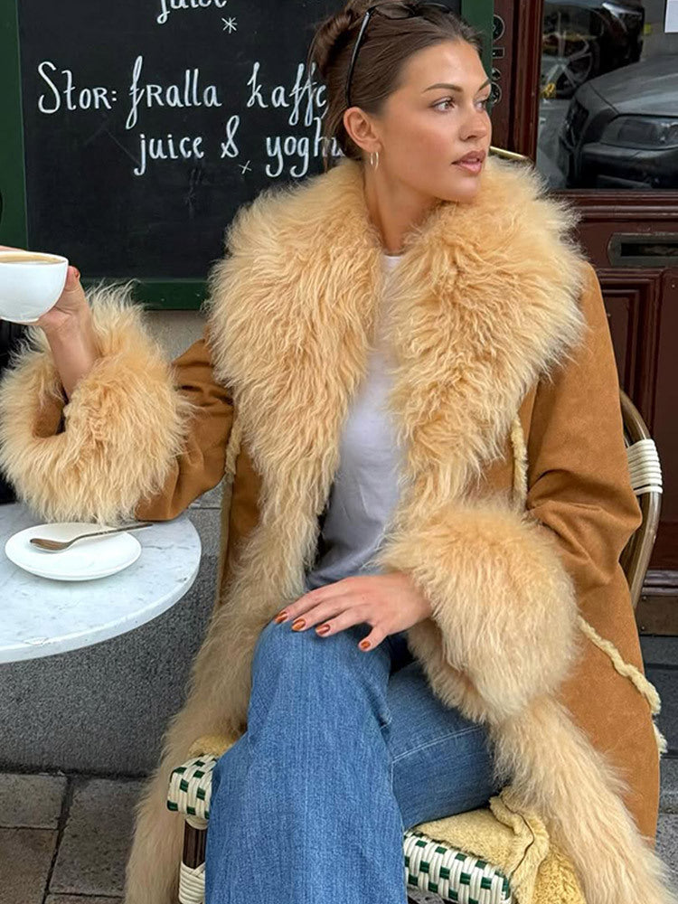 Women Long Shearling Imitation Coat with Voluminous Shawl Collar and Plush Cuffs EVA-US