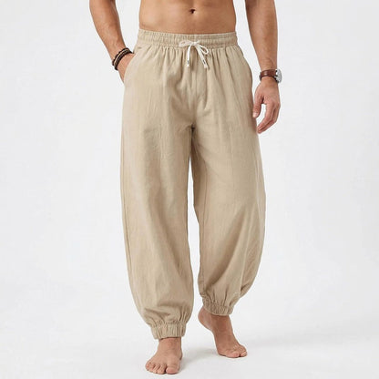 Men's relaxed harem pants made of linen blend with elastic drawstring waistband and gathered ankle cuffs EVA-US