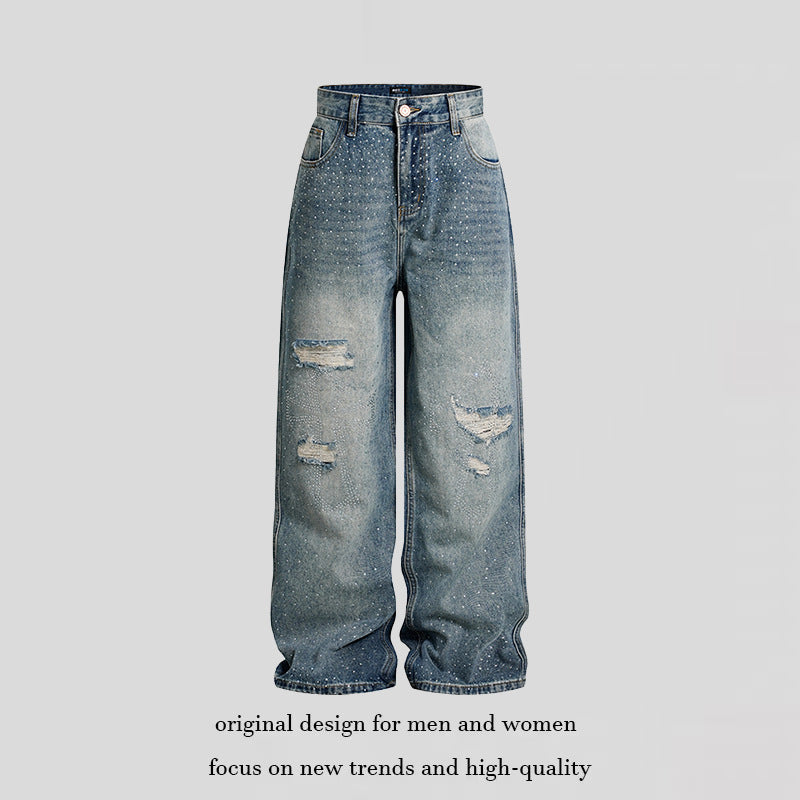 Ladies Wide High-Waist Denim Palazzo Jeans with Destroyed Details and Rhinestone Embellishment EVA-US