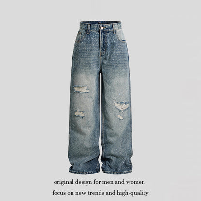 Ladies Wide High-Waist Denim Palazzo Jeans with Destroyed Details and Rhinestone Embellishment EVA-US