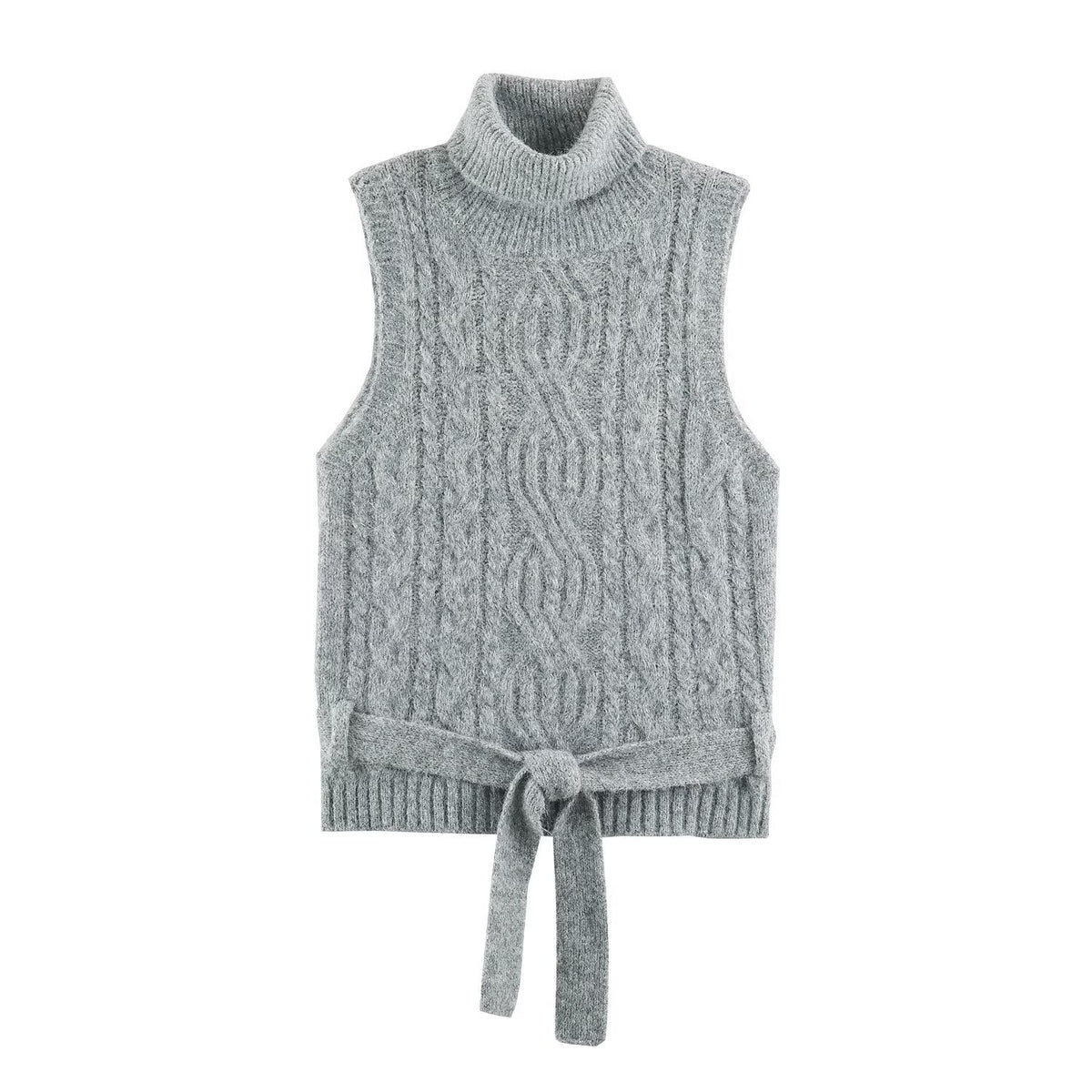 Women's Sleeveless Cable Knit Vest with Roll Neck and Ties EVA-US