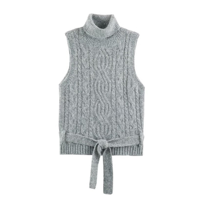 Women's Sleeveless Cable Knit Vest with Roll Neck and Ties EVA-US