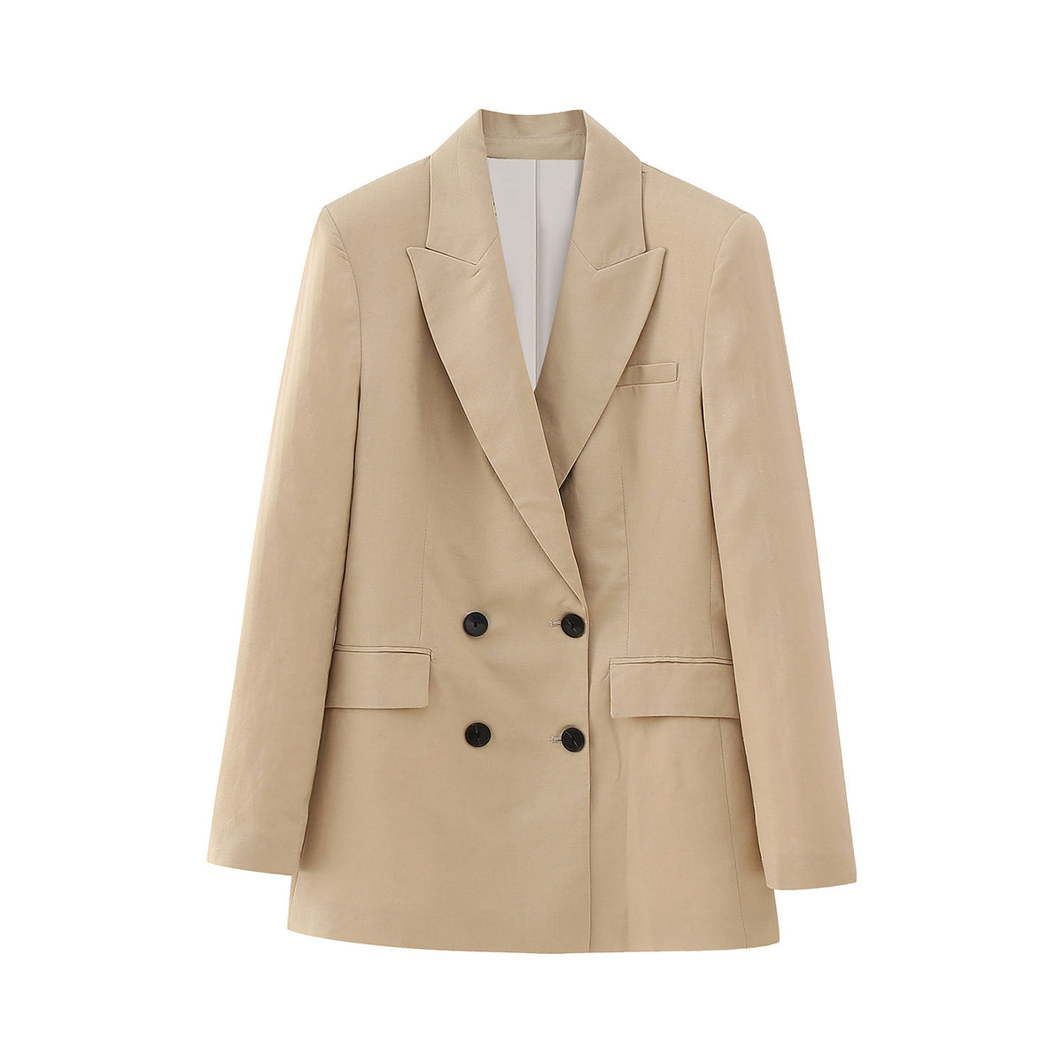 Women's Double-Breasted Long Blazer in Minimalist Tailoring Style with Peak Lapel EVA-US