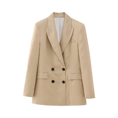Women's Double-Breasted Long Blazer in Minimalist Tailoring Style with Peak Lapel EVA-US