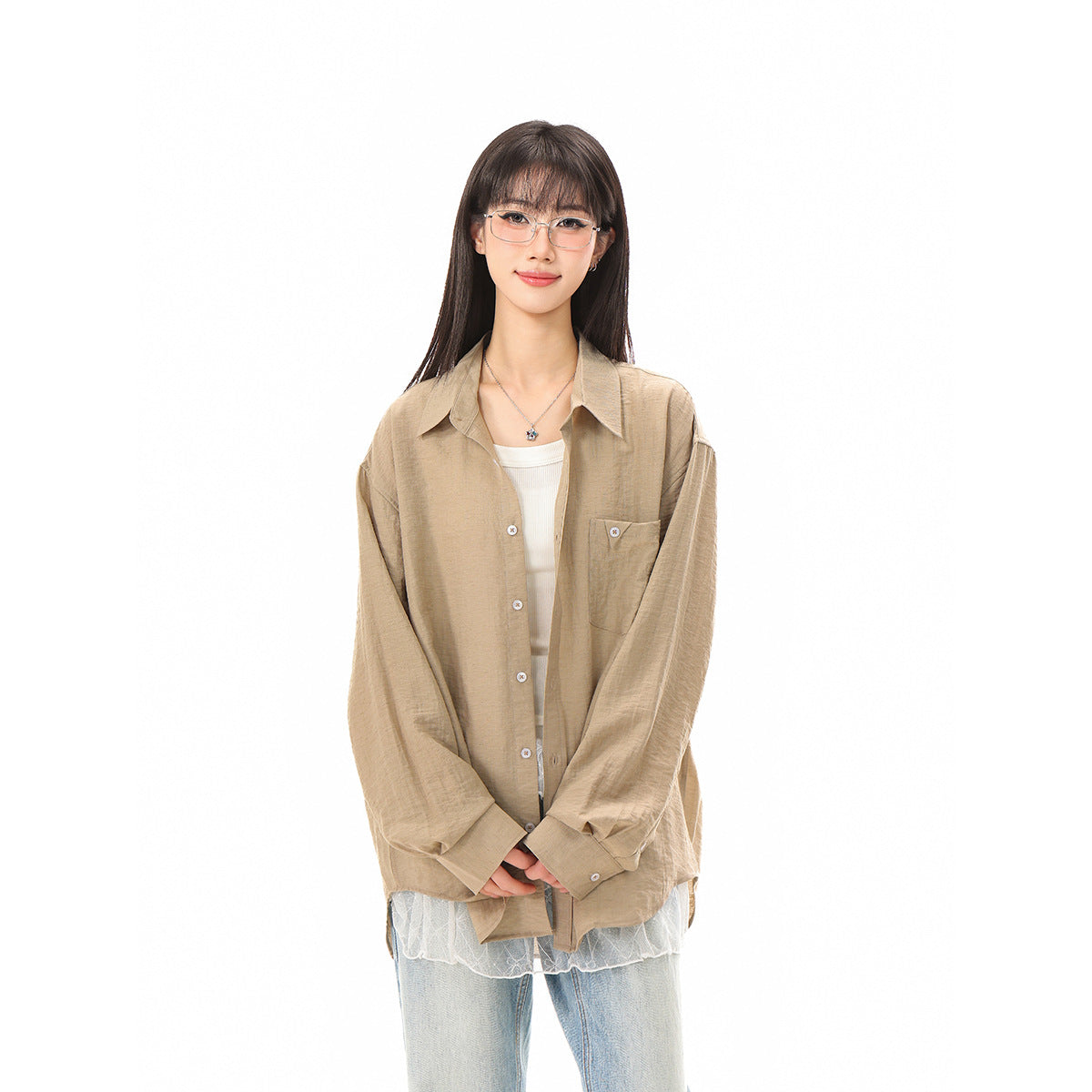 Women's loose-fitting oversized shirt blouse with chest pocket and textured cotton blend EVA-US