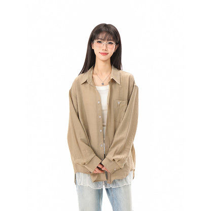 Women's loose-fitting oversized shirt blouse with chest pocket and textured cotton blend EVA-US