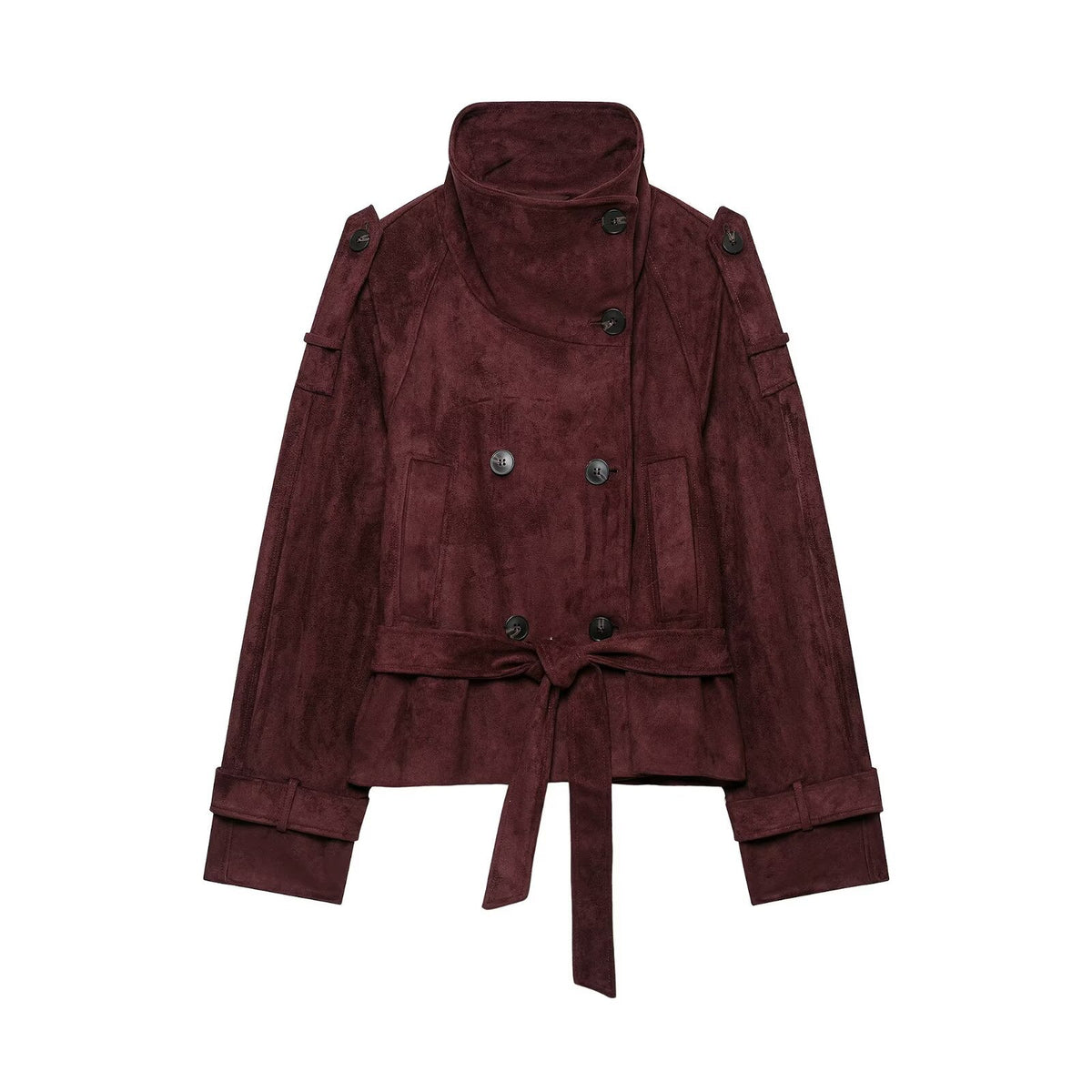 Women's short trench coat in suede look with high stand-up collar and tie belt EVA-US