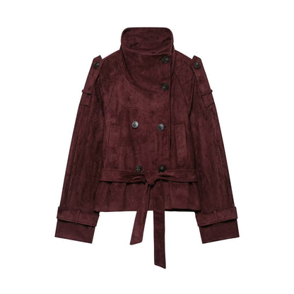 Women's short trench coat in suede look with high stand-up collar and tie belt EVA-US