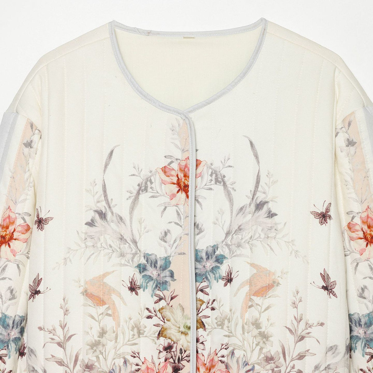 Women's Quilted Cropped Transitional Jacket with Floral Allover Print and Round Neckline EVA-US