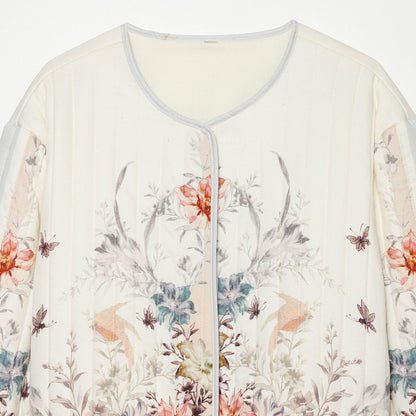 Women's Quilted Cropped Transitional Jacket with Floral Allover Print and Round Neckline EVA-US