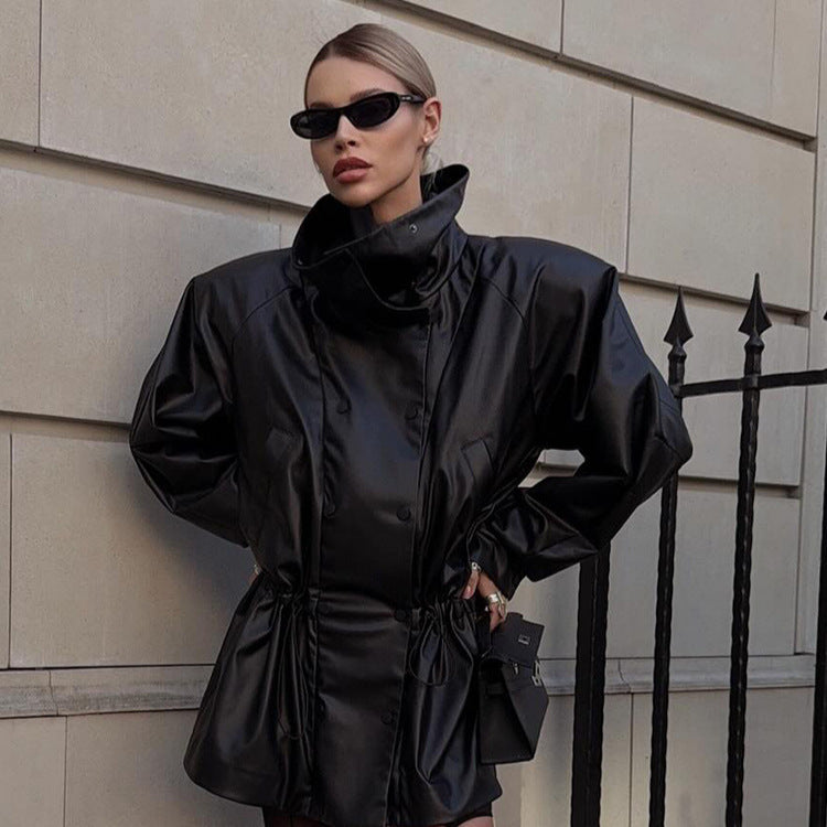 Women Oversize Faux Leather Parka with High Stand-Up Collar and Adjustable Drawstring Hood