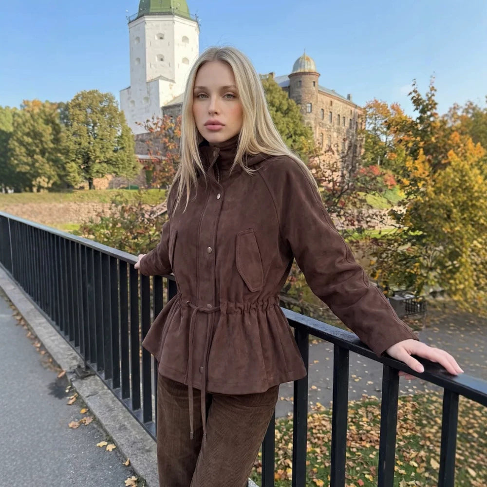 Women Short Jacket in Suede Look with Hood and Waist Drawstring EVA-US