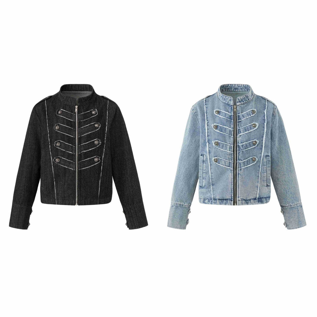 Women's denim blouson in military look with standing collar and decorative button placket EVA-US