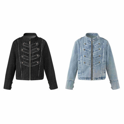 Women's denim blouson in military look with standing collar and decorative button placket EVA-US
