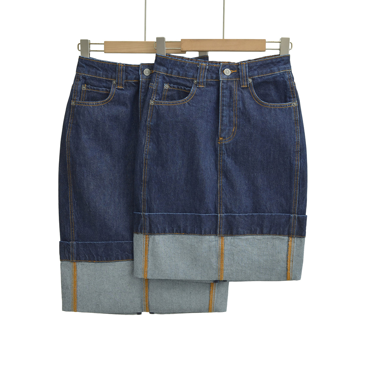 Women's High-Waisted Midi Skirt Made of Denim with Visible Seams and Turned-Up Hem EVA-US
